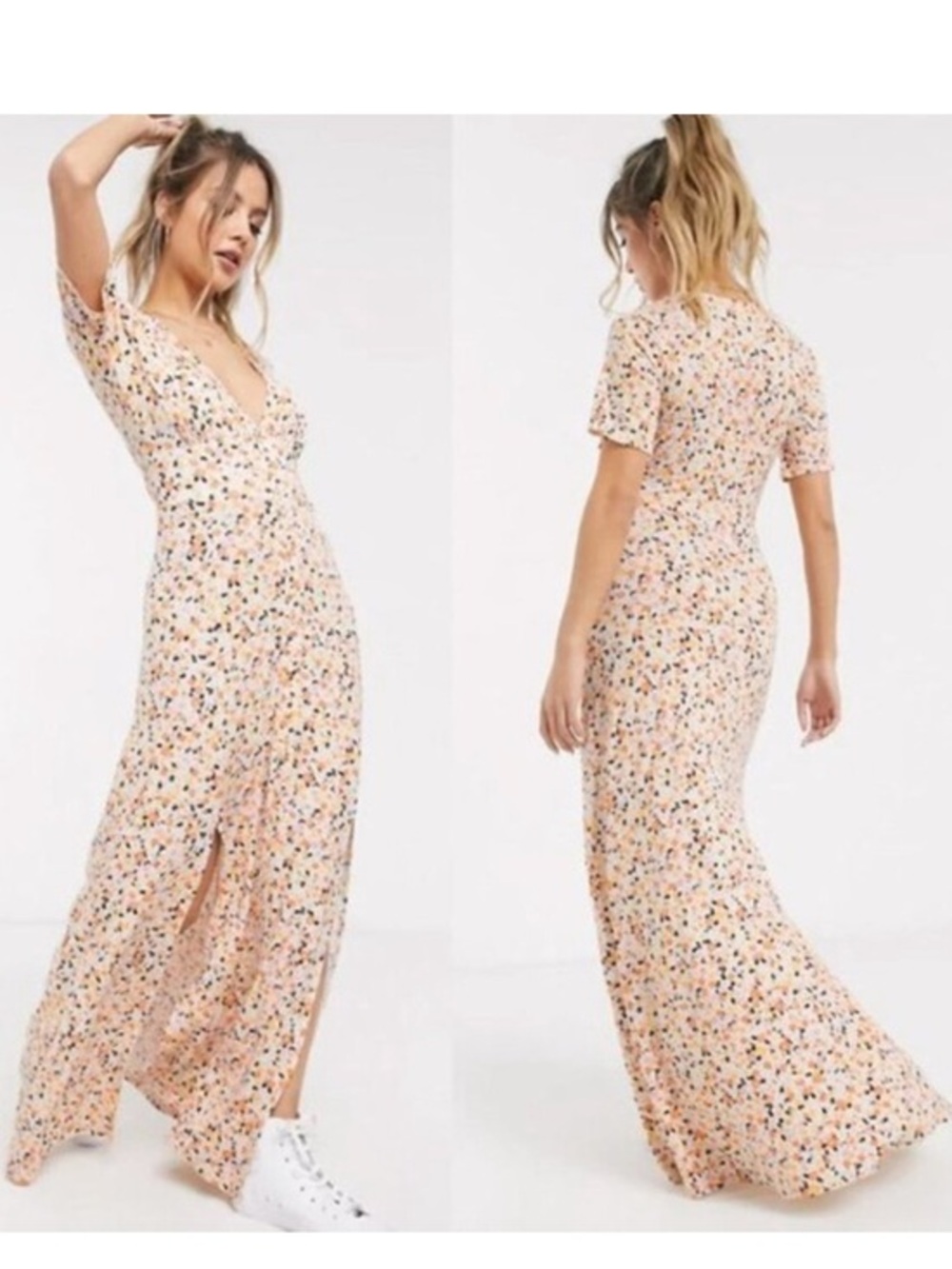 ASOS Button Through Ditsy Floral Split Maxi Dress Pink Cream